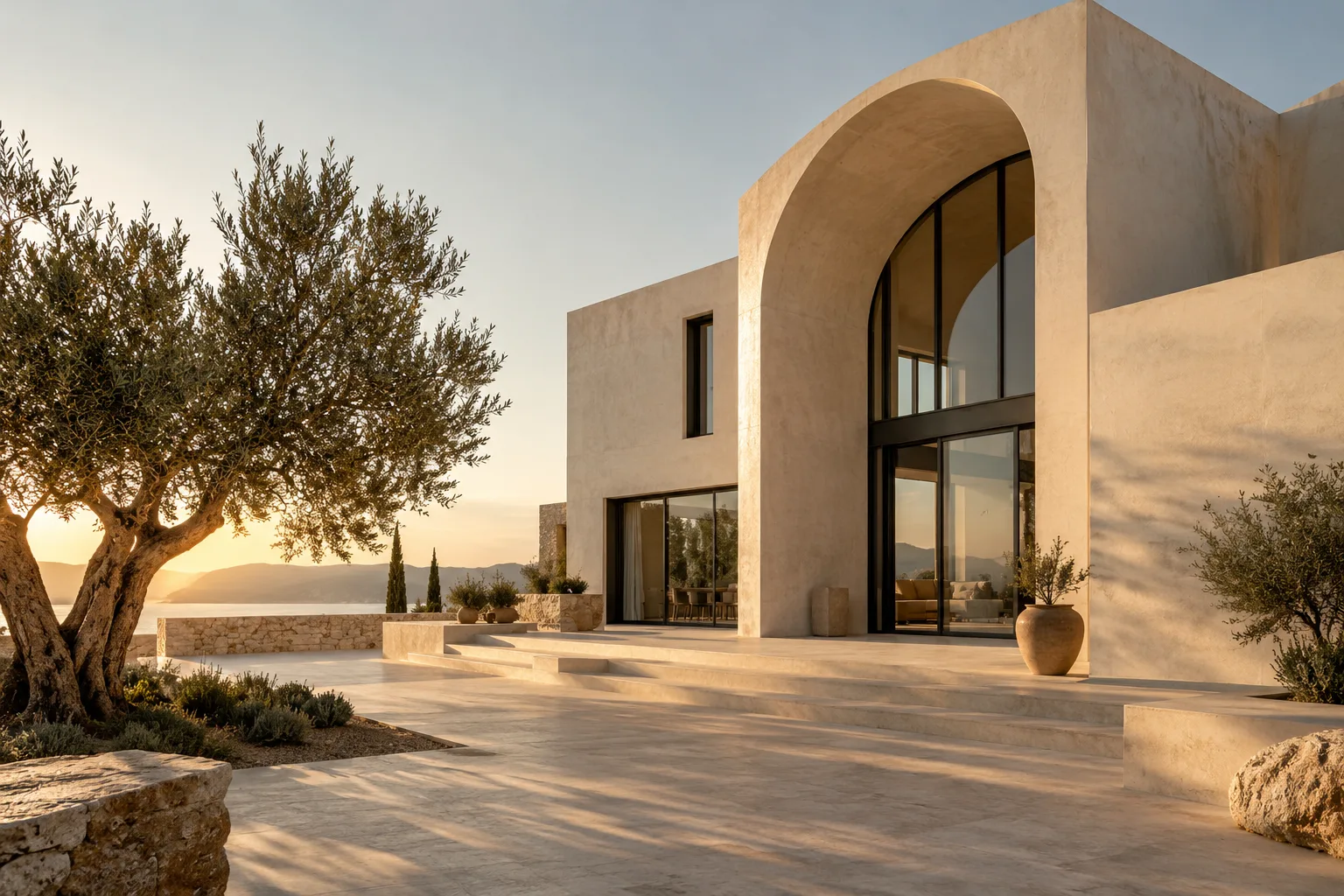 Fictional architecture concept: sculptural concrete home in warm sunlight